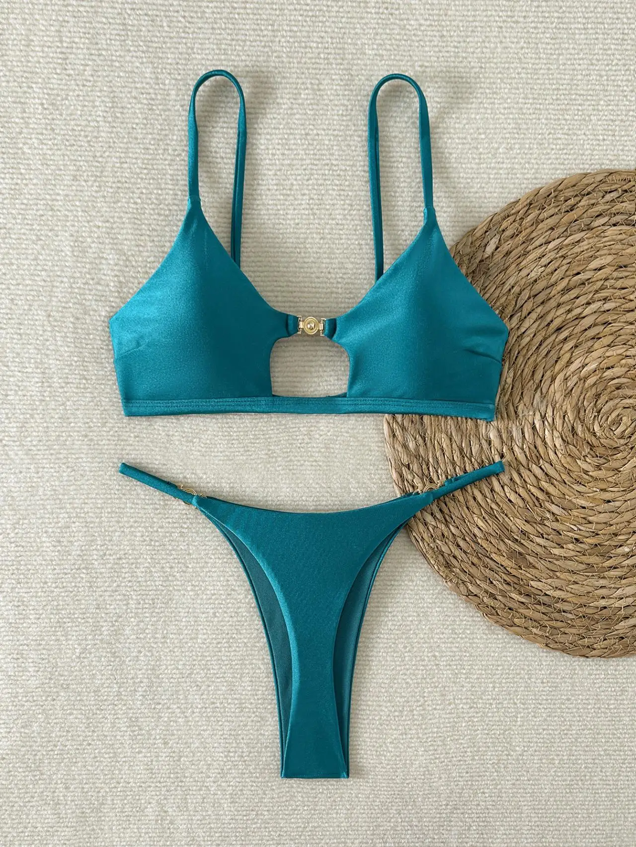 Sexy Women Bikini Set Thong Back Metal Classic Beach Vacation High Waist Adjustable Swimsuit Lady Locked