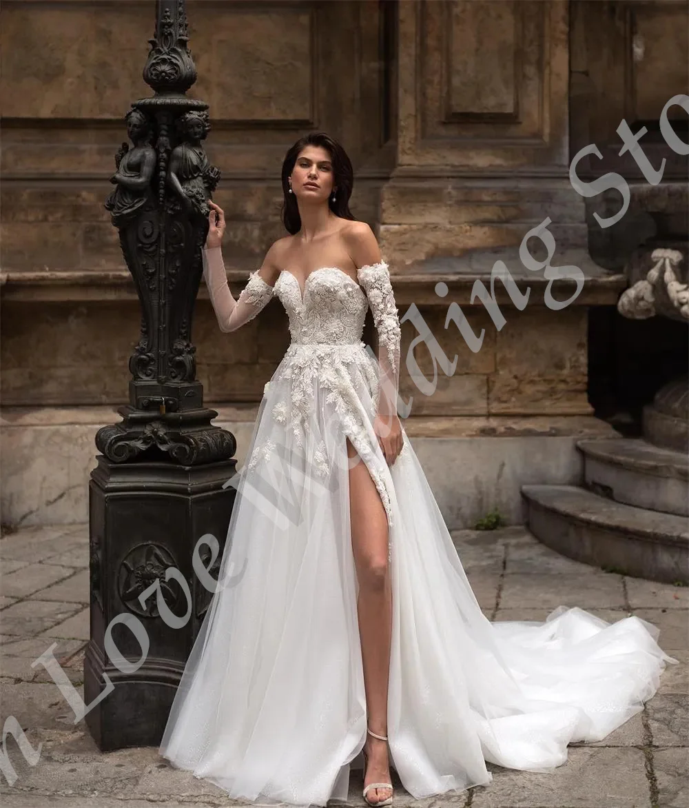 2024 Vestido Beach abito da sposa girocollo staccabile maniche lunghe perline Appliques di fiori a-line Tulle nuovo abito da sposa