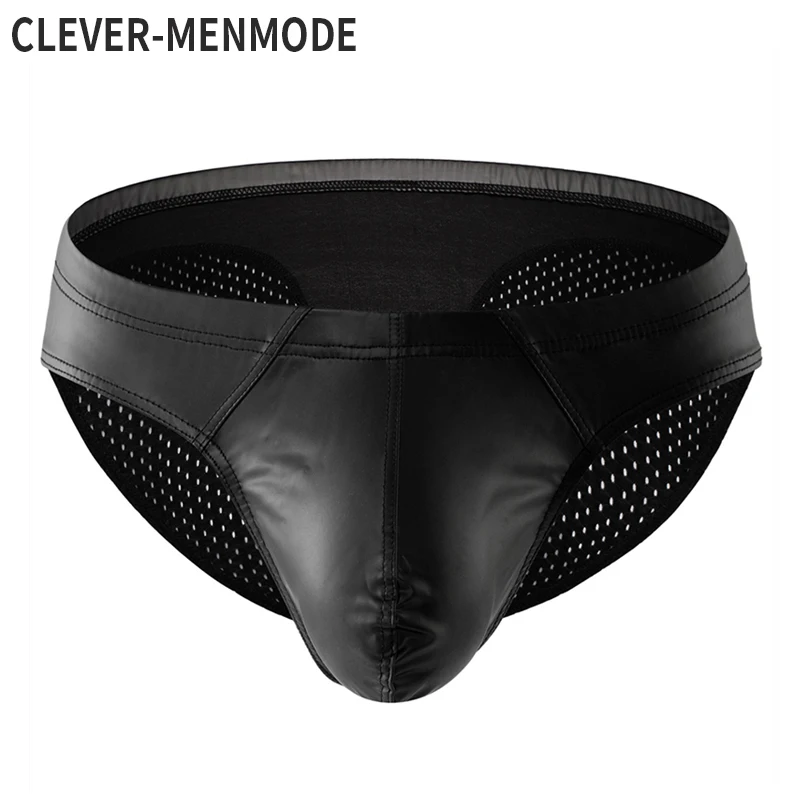 CLEVER-MENMODE Mesh Butt Pu Leather Briefs Sexy Underwear Men Penis Pouch Panties Slips Lingerie Bikini hombre Underpants