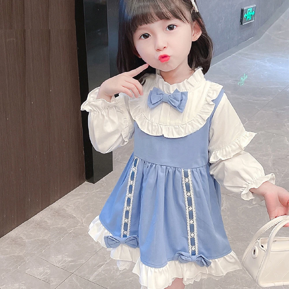 Spring Autumn Toddler Girls\' Dress Blue Bow Pleated Dresss Baby Girl A-line Skirt Princess Dress For Girls Ages 1 to 4