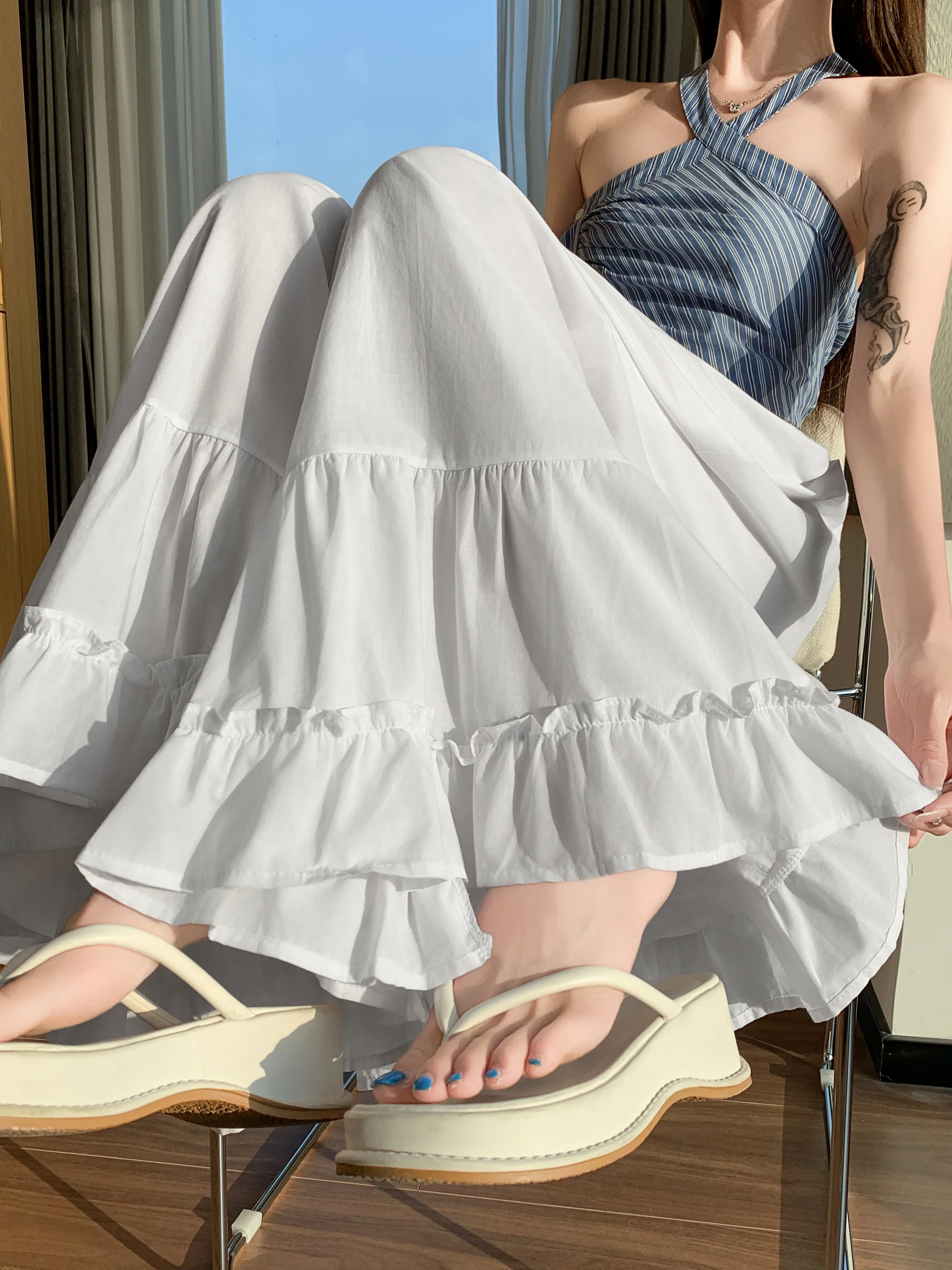 

White Lace Nine Point Pants Women's Summer New Loose Slimming Drapey Versatile Thin Bell Bottoms Skirt High Waist Elasti...