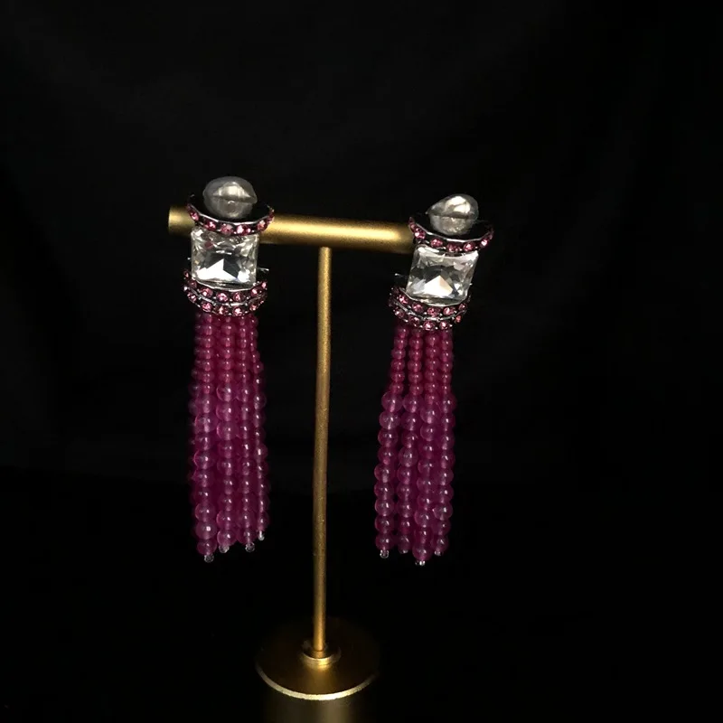 Fashionable Design Temperament Earrings Sweet Cut Surface Stone Inlaid Purple Stone Beads Sweeping Shoulder Long Tassel Ear Clip