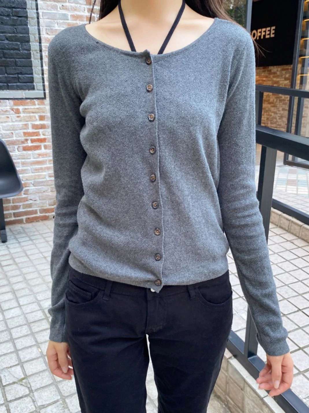 

Eyelet Slim Thin Sweater Cardigan Woman Autumn O-neck Single Breasted Long Sleeve Cotton Top Dark Grey Vintage Simple Knitwear