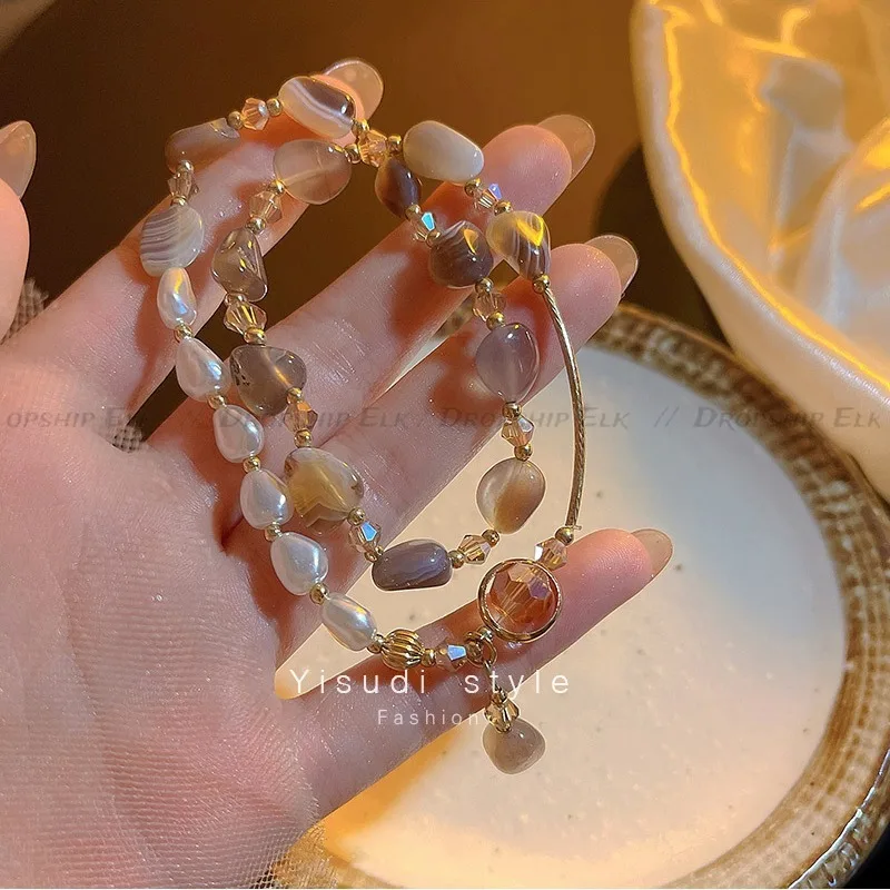 Vintage Double Layered Crystal Pearl Beaded Bracelet for Women Ethnic Natural Stone Beads Wrap Bangle Bracelet Jewelry Gifts