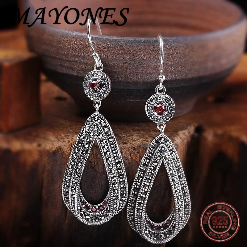 

Серьги из 100% стерлингового серебра S925, тайское серебро, гранат, марказит, модные украшения, женские серьги из чистого серебра с драгоценными камнями