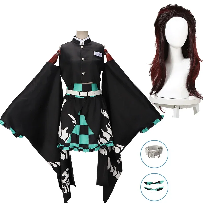 

Anime Demon Kamado Tanjirou Cosplay Costume Kimono Skirts Full Set Wig Role Play for Women Halloween Evening Party Carnival