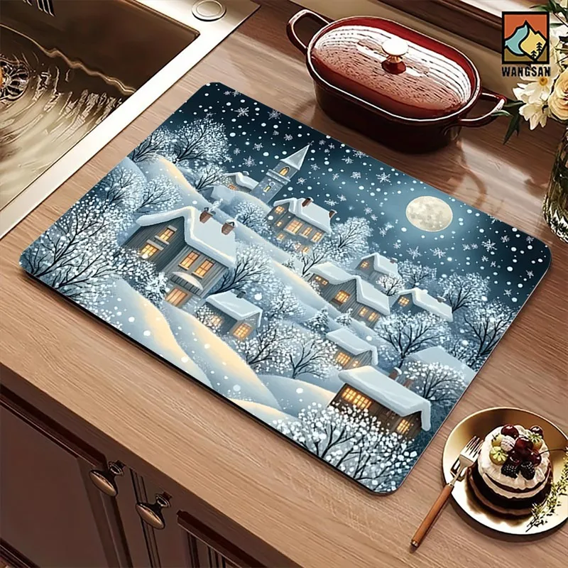 VIKAMA Diatomite Drying Mat, Super Absorbent Quick Dry Non-Slip Kitchen Counter Winter Village Snow Night Decor