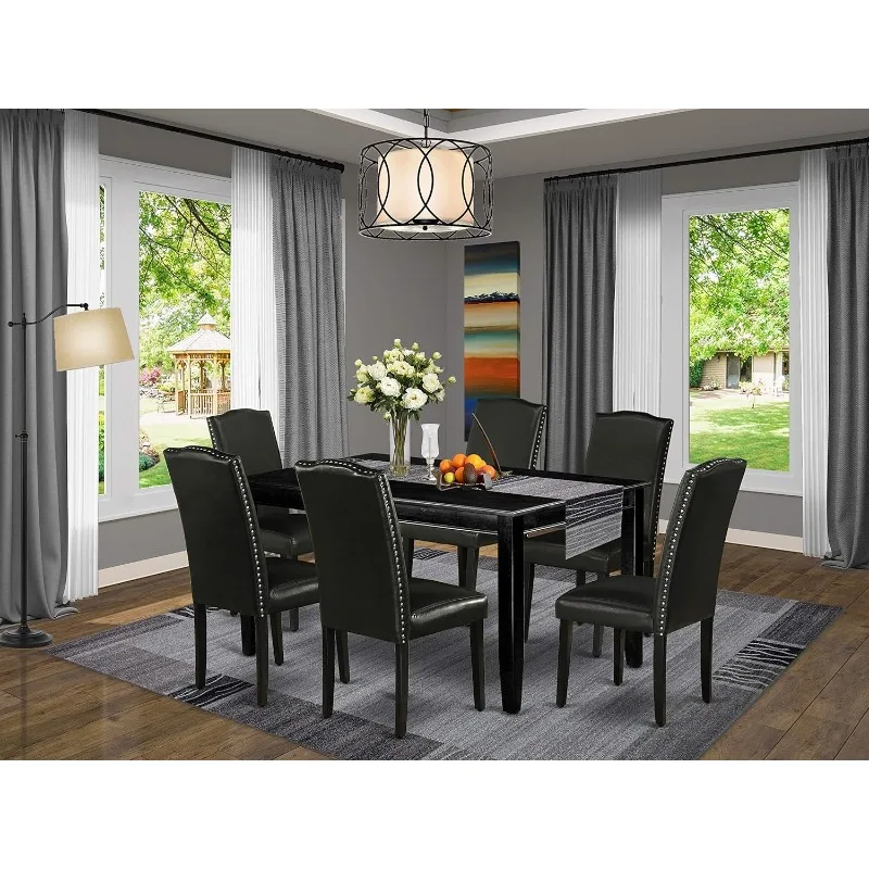 7 Piece Modern Dining Set Consist of a Rectangle Wooden Table and 6 Dark Gotham Linen Fabric Upholstered Chairs, 36x60 Inch