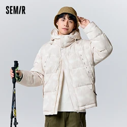 Semir Down Jacket Men 2024 New Winter Simple Fashion Letter Printing White Warm Casual Hooded Coat