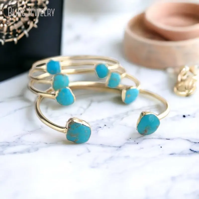 

10pcs Turquoise Open Cuff Bracelet Gold Color Steel Stone Gemstone December Birthstone Jewelry Women Bangle Bijoux Inoxydable