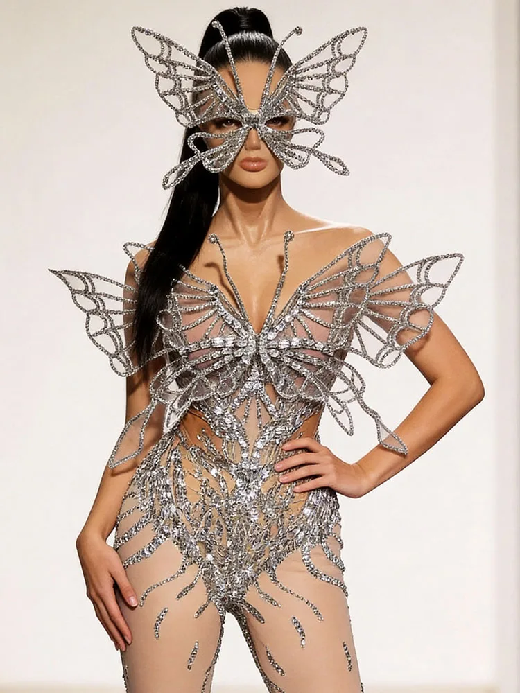 sexy Sparkly Silver Crystal Butterfly Sheer Mesh jumpsuit 3d Wings Mesh Rhinestone Bodycon Outfit for Drag Queen RaveStage Show