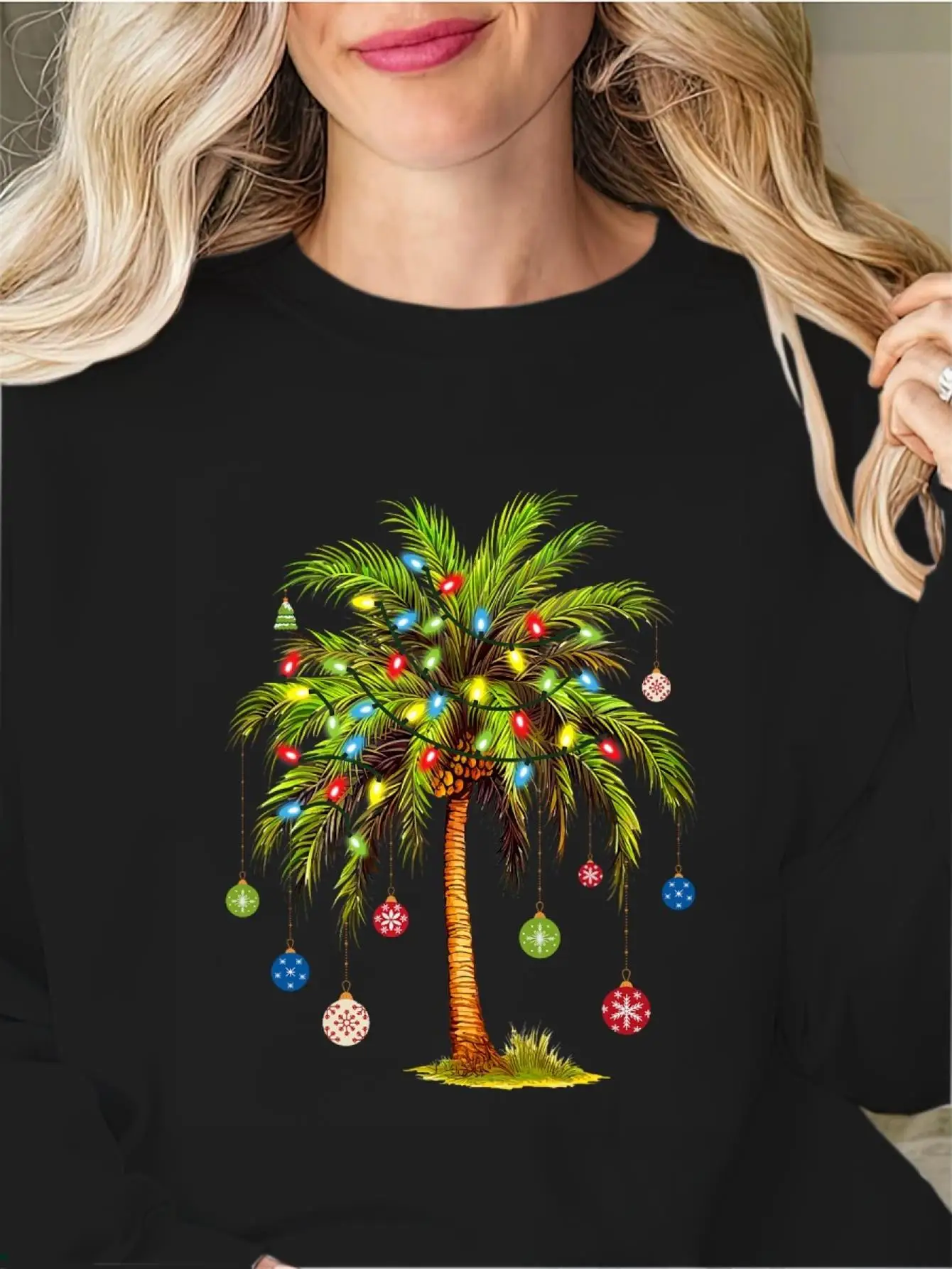 

Womens 50% 50% Polyester Cozy Crew Neck Pullover Sweater - Festive Christmas Palm Tree with Lights & Ornaments Print
