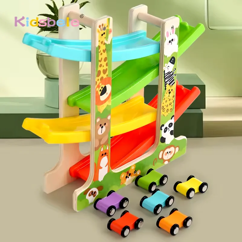 Kids Four-layer Wooden Gliders  Montessori Inertia Track Car Toys Animal And Traffic Theme Early Educational Toys Birthday Gifts