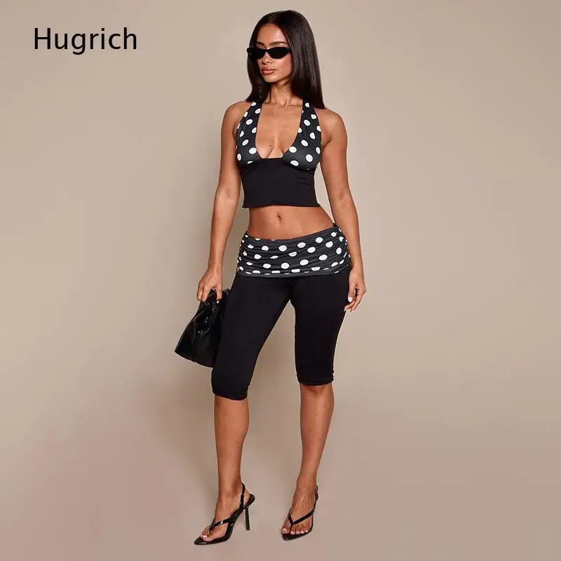 Women Polka Dot Halter Crop Top And Fold Waist Capri Pants Three Piece Outfit Stretch Casual Set