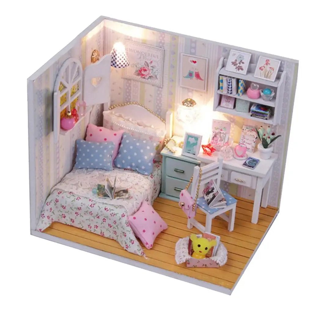 Modelo de dormitorio de muñecas DIY, balsa de mano, regalo, casa de muñecas en miniatura, 1:24