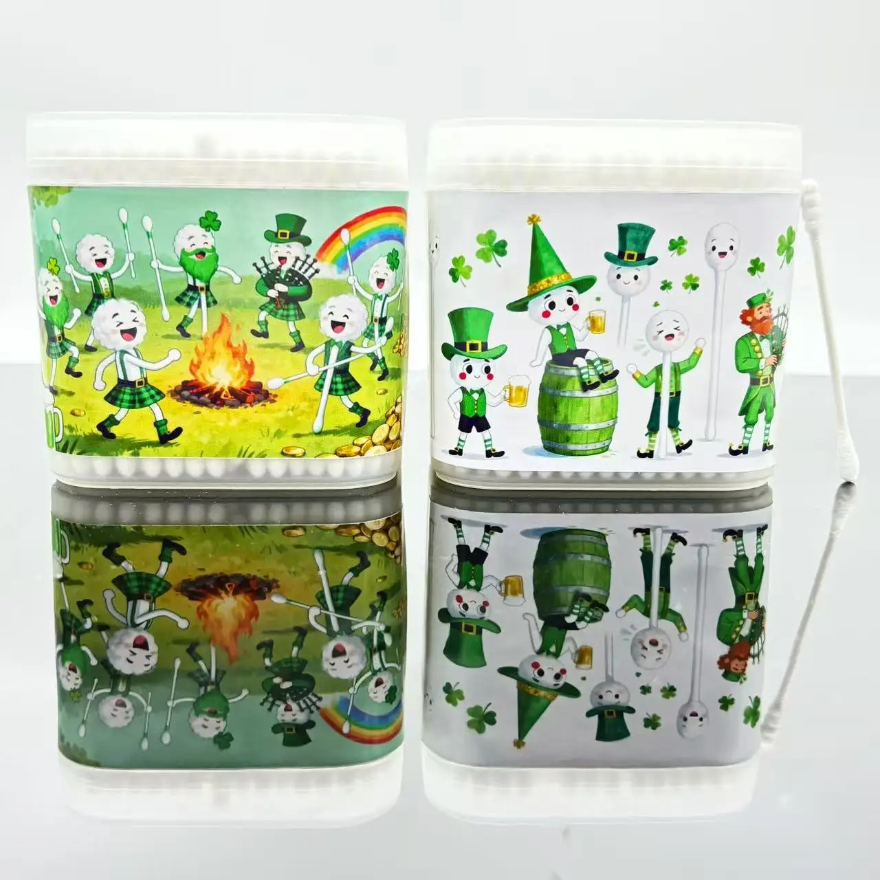 400 قطعة من مسحات القطن ذات الطابع المزدوج للقبعة الخضراء، أعواد أعواد قطنية مبتكرة لعيد القديس باتريك، أعواد قطنية مستديرة حلزونية بيضاء