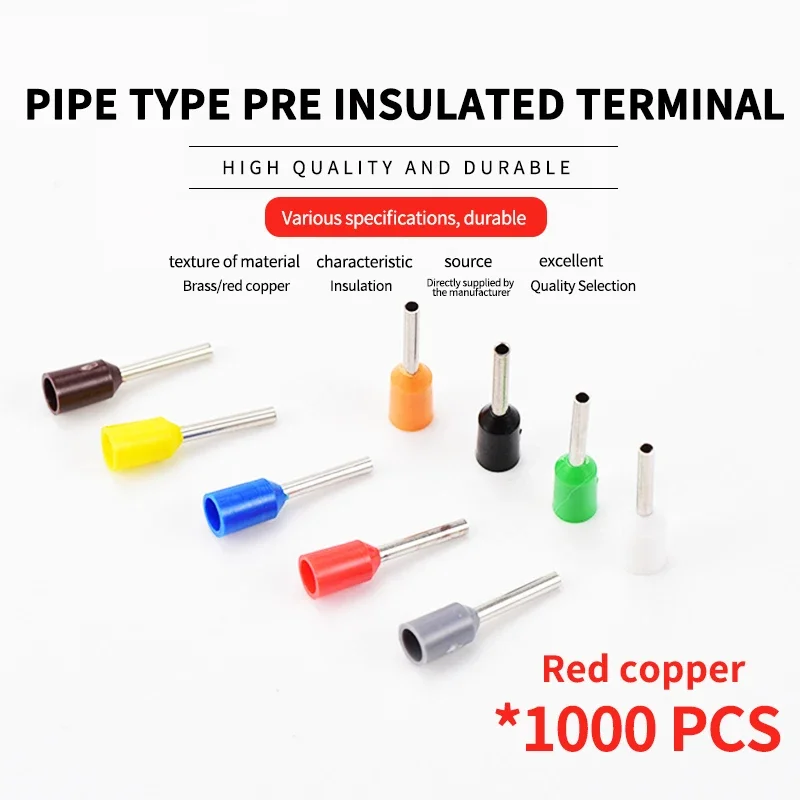 1000/500 pcs copper cable insulated connector terminal Crimping terminal Cold insulated terminal VE0508 7508 1008 1508 2508 4009