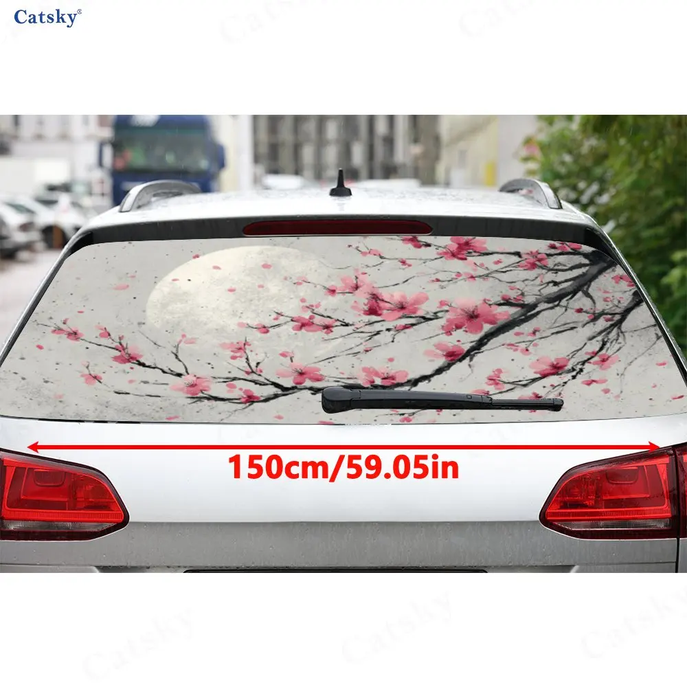 Plum Blossom Moonlight PVC Perforated Car Vinyl Wraps, Durable Car Rear Windshield Sticker, Waterproof Car Rear Window Decal
