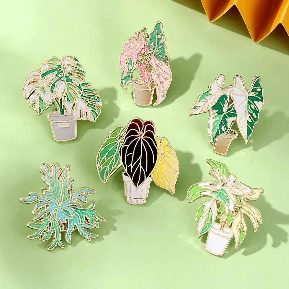 Heye Tropical Green Plant Enamel Flower Potted Plant Clothing Hat Bag Pencil Case Decorative Brooch Badge Gift Set of 6
