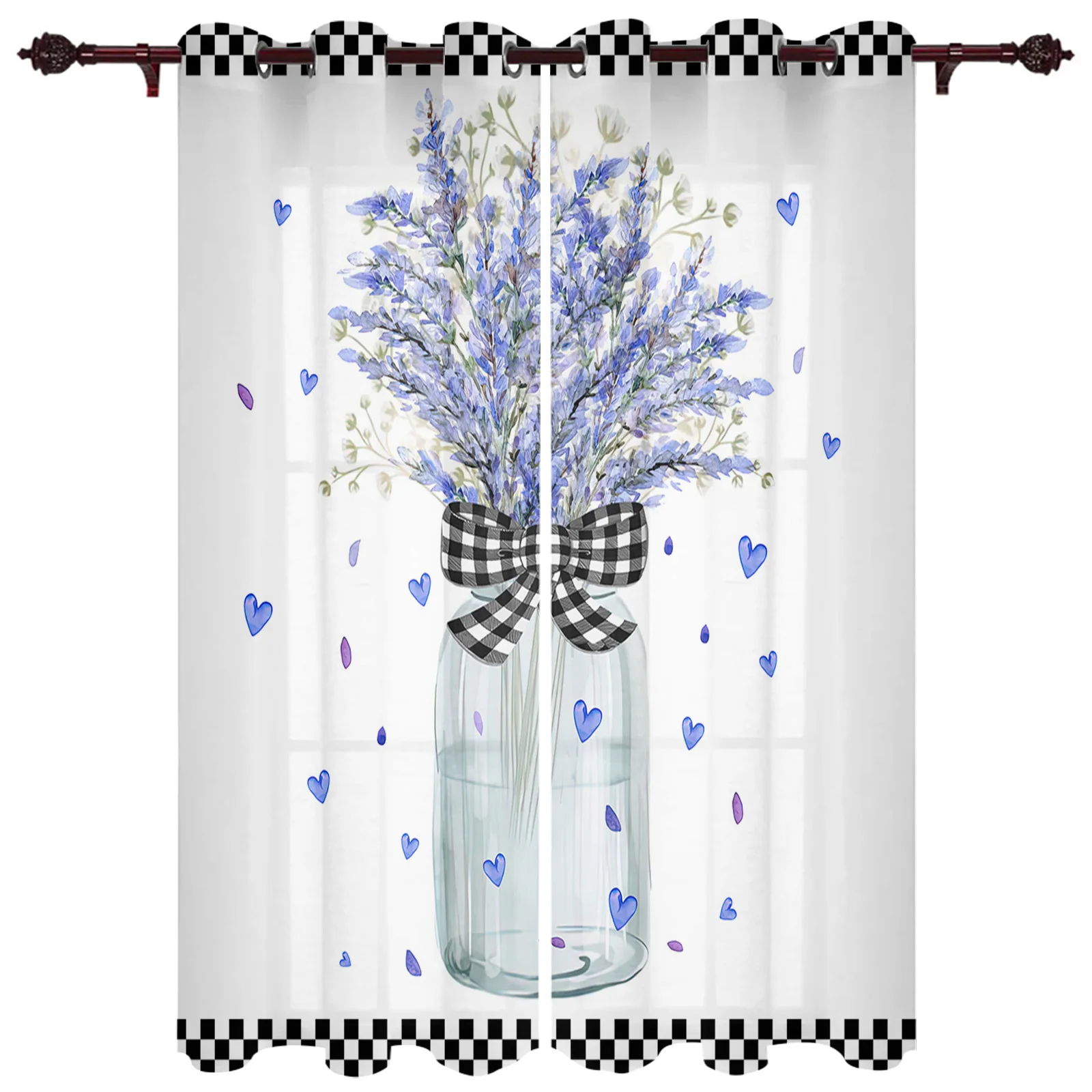 Lavender Flowers Watercolor Bottle Plaid Curtains for Bedroom Living Room Window Curtain Treatments Blinds Kitchen Decor Drapes