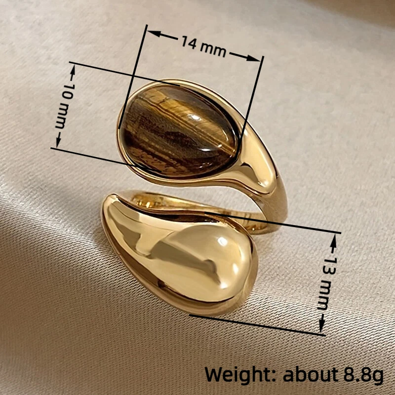 Huitan Modern Fashion Teardrop Imitation Tiger Eye Open Rings for Women Gold Color Minimalist Daily Party Lady Statement Jewelry - view 6