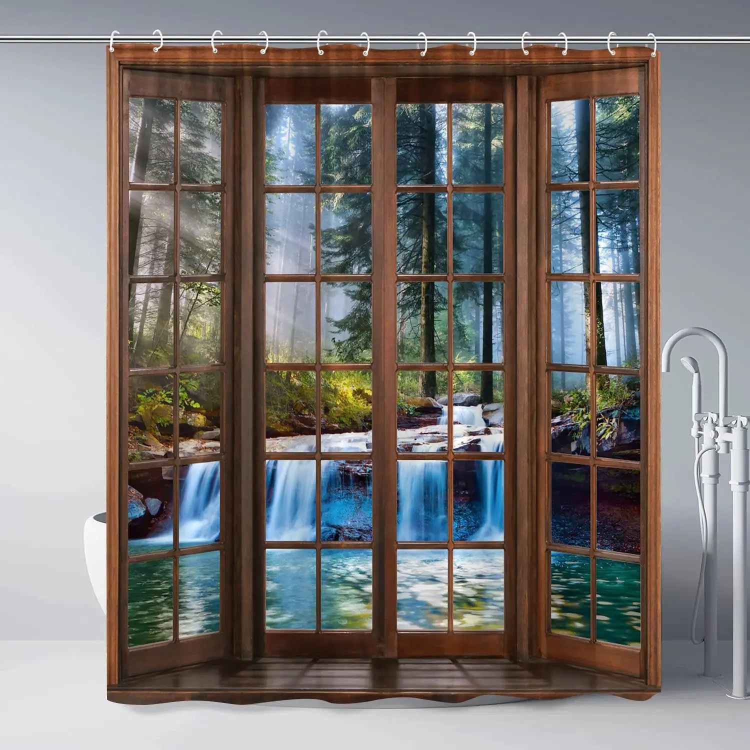 Misty Forest Waterfall Shower Curtain Tropical Rainforest Jungle Plant Landscape Fog Green Tree River Stone Spring Nature Scenic