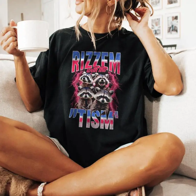 

Rizz Em With The Tism Dragon Vintage T Shirt Retro 90s Racoon Autism Awareness Meme Grunge Funny Bootleg s