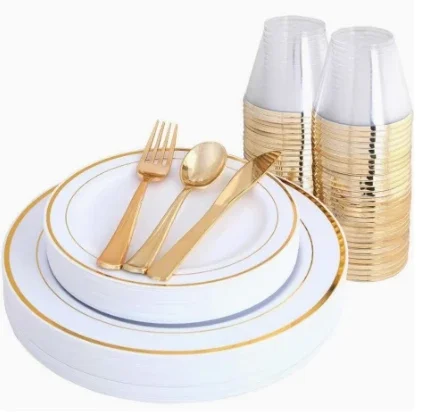 100 Piece Gold Dinnerware Party SetGuest Dinner Plastic Plates Salad     Silverware  cups