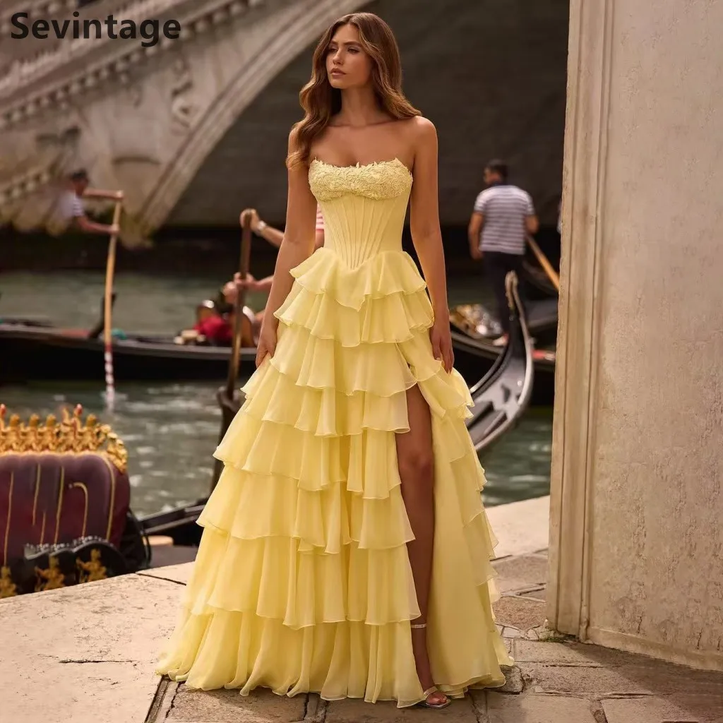 

Swvintage Customized Corset Chiffon Tiered Ruffles Yellow A Line Slit Evening Dress Celebrity Formal Party Gown Prom Dress
