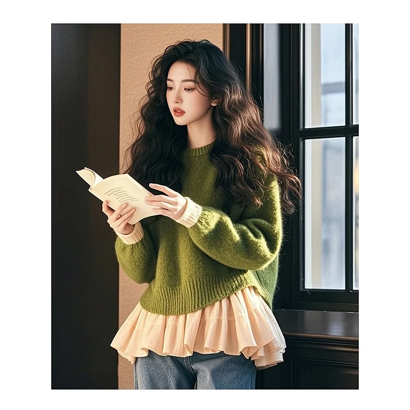 

Korean Lotus Leaf Edge Splicing Loose Hooded Sweater Women's Lazy Wind New Spring Autumn Green Color blocked Knitted Sweater