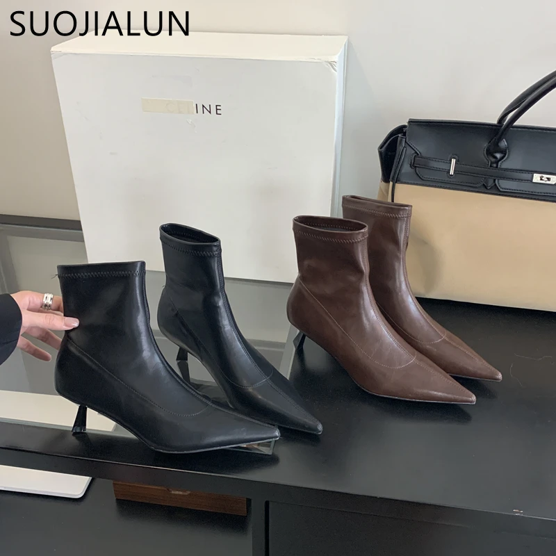 SUOJIALUN 2024 Winter New Brand Women Short Boots Fashion Slip On Ladies Eelgant Chelsea Boots Thin High Heel Dress Short Boots