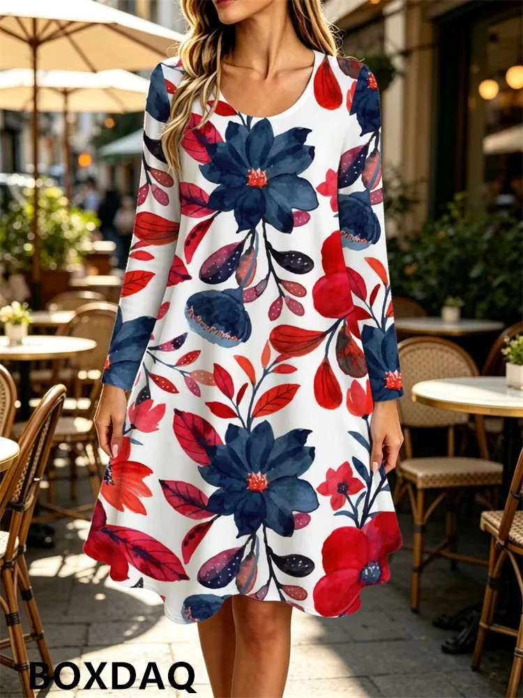 Women Long Sleeve O Neck Dress White Base Red Blue Watercolor Floral Print Loose Dress Elegant Casual Women Daily Vacation Wear