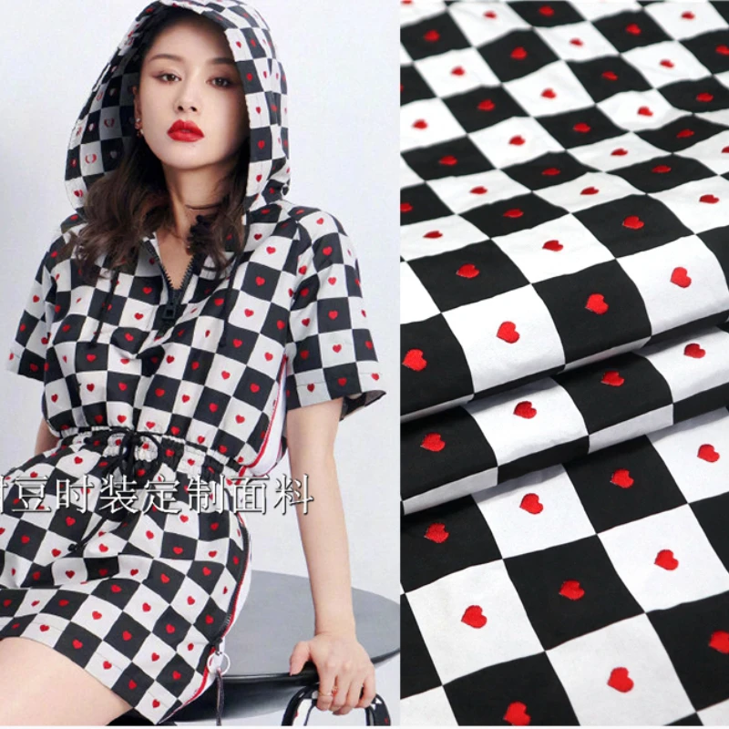 Embossed Yarn-dyed Jacquard Fabric Fashion Black White Love Dress Windbreaker Jacket Fashion Brand Design Sewing Cloth by Meter