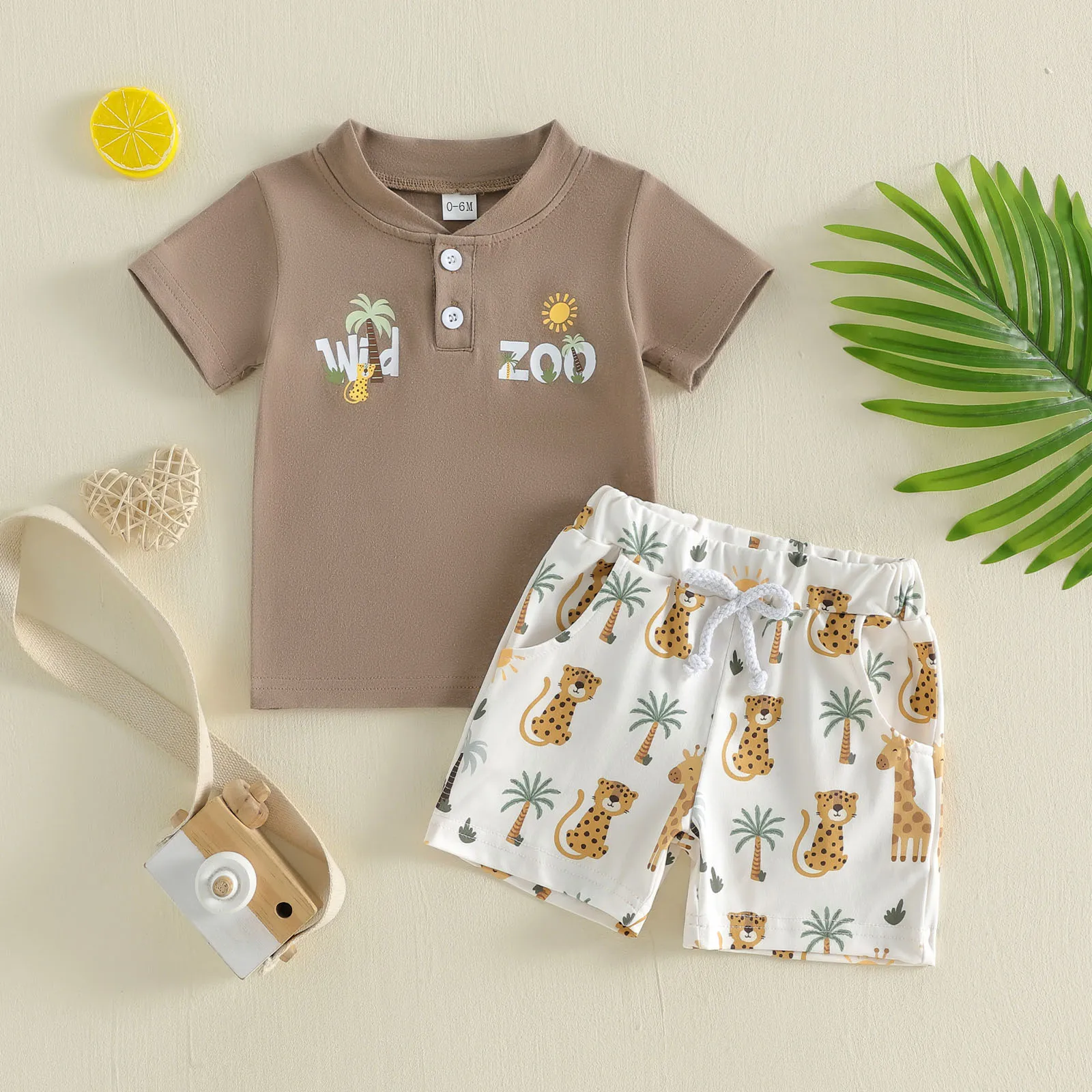 Toddler Infant Baby Boys Summer Outfits Adorable Letter Animal Print Short Sleeve Round Neck Tops and Shorts Set