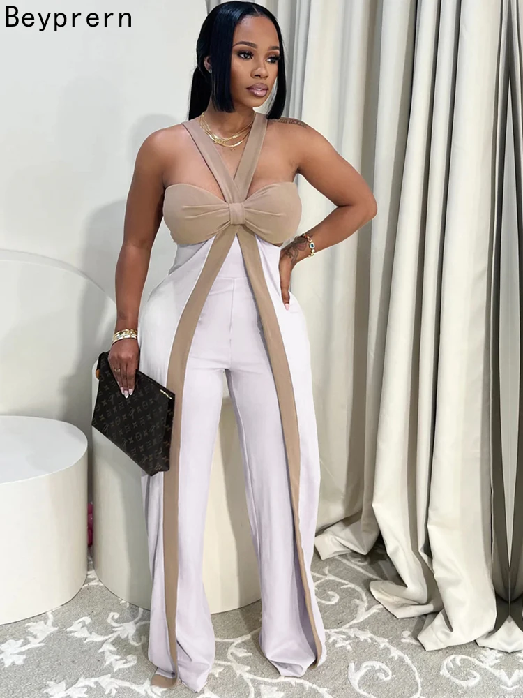 Beyprern Perfect Contrast Color Bow Tie Cinghie Tute Abiti di compleanno Glam Pagliaccetto aderente con cut-out da donna Salopette da notte