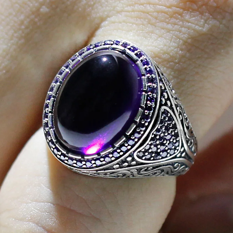 New 925 Sterling Silver Men's Türkiye Women's Handmade Ring Natural Amethyst Retro Luxury Christmas Party Jewelry Gift