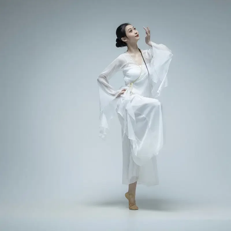 Klasyczna sukienka do tańca Ubrania z gazy Ćwicz chiński biały taniec ludowy Klasyczny kostium taneczny