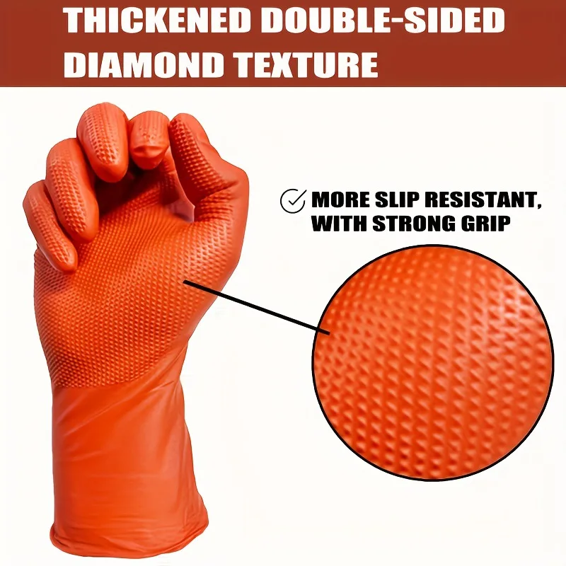 Heavy Duty 8Mil Nitrile Gloves, Orange Black Diamond Textured, Puncture Resistant Disposable for Mechanic Car Maintenance Safety