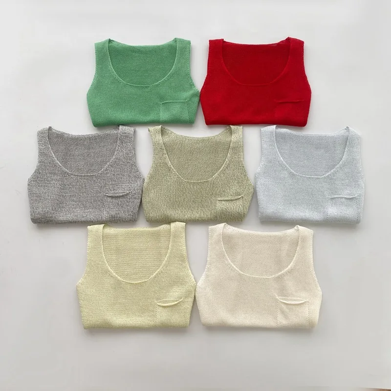 Dave&di 26 Summer New Product: Zhen Ma Knitted Strap Solid Color Small Pocket Sleeveless Vest Women's Casual Top