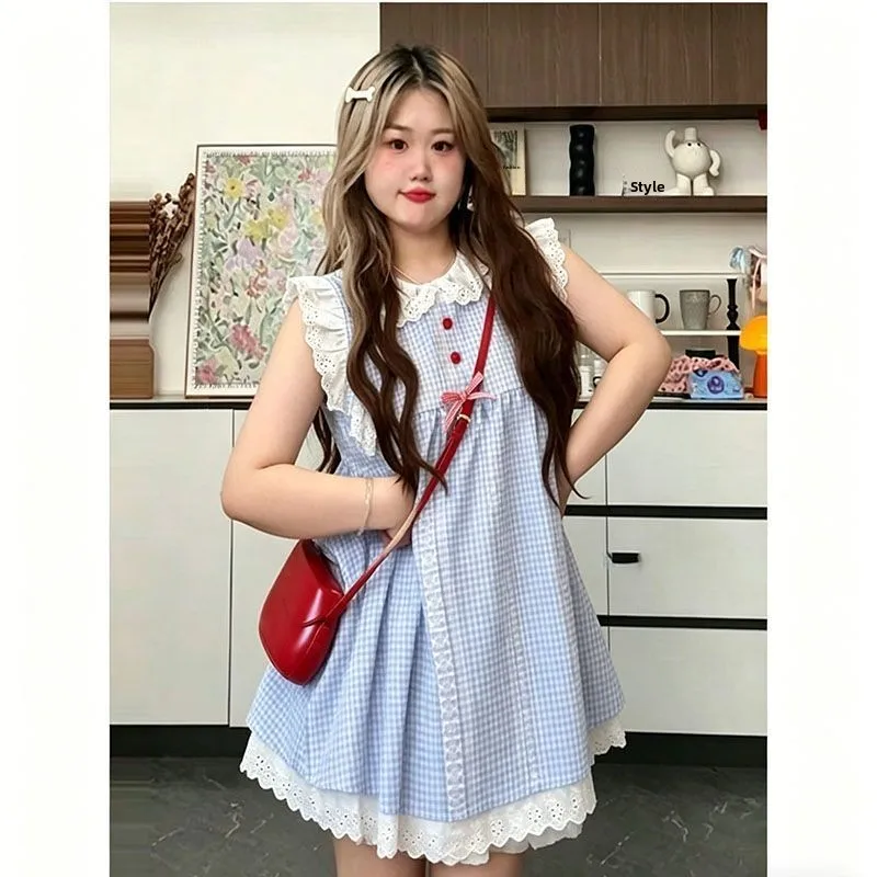 

Sweet Blue Plaid Doll Collar Slimming plus Size Women's Dress Korean Style Summer Pure Desire Casual A-Line Skirt Dress