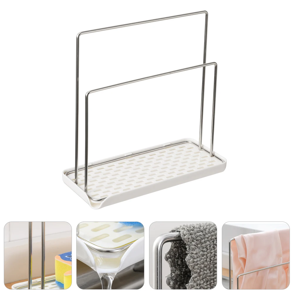 

Rag Storage Rack White Stainless Steel Kitchen Sponge Holder Drainer Shelf Space Saver Plastic Design Wall Mount Clean Dry