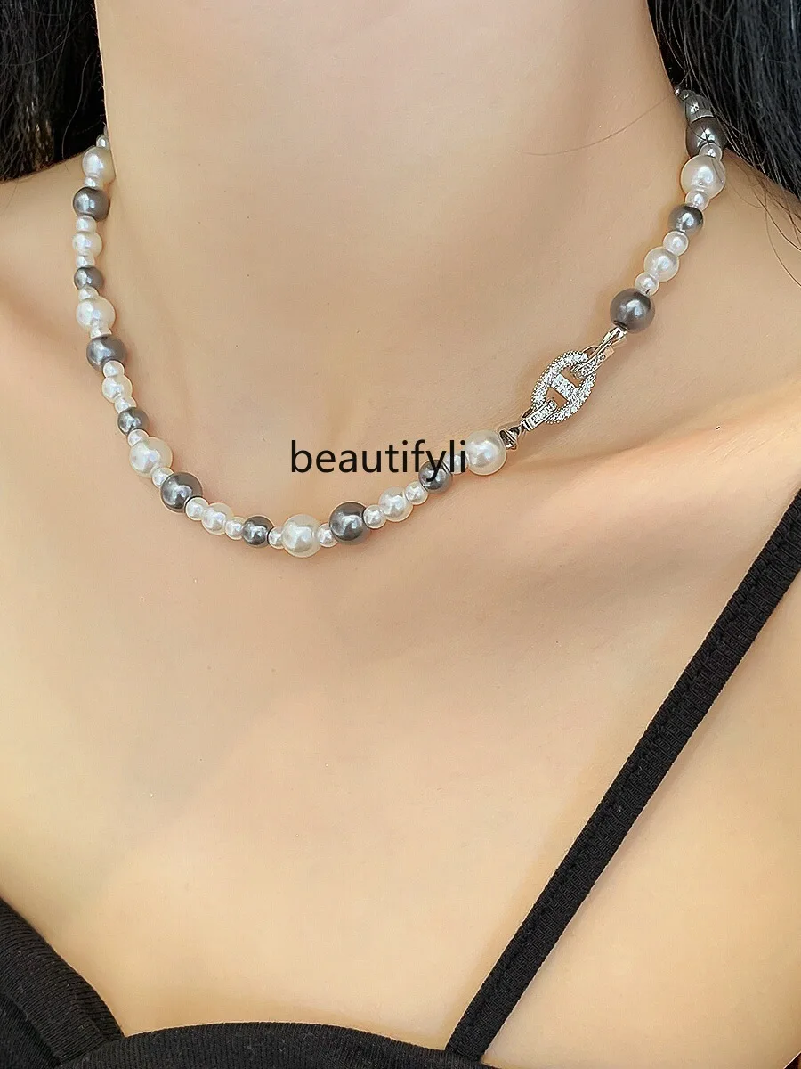 French Style Temperament Really Many Heather Gray White Pearl Necklace Women's High-Grade Light Luxury Clavicle Necklace