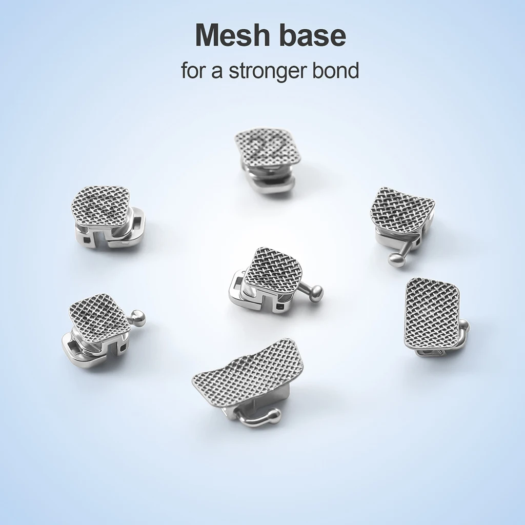 28 Stück/Box AZDENT Zahnspangen Selbstligierende Brackets mit Netzbasis, runden Kanten, Dual-Draht, Roth MBT 0.022, Bukkalröhrchen – Detail 8