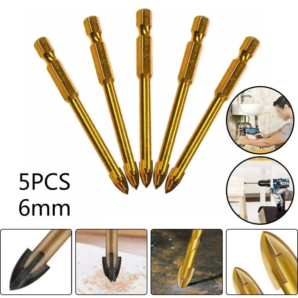 

5pcs 6mm Titanium Hex Shank Drill Bits Spear Heads For Ceramic Tile Marble Glass Brick Metalworking Drilling Tools Accessories