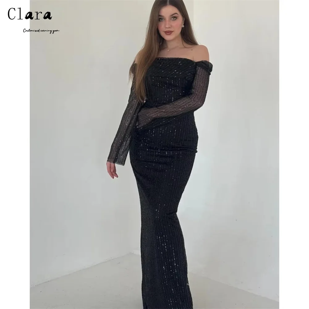 클라라 커스텀 블랙 피쉬테일 스퀘어 칼라 샤이니 럭셔리 여성 이브닝 드레스 럭셔리 2025 커브드 엘레강트 파티 드레스
