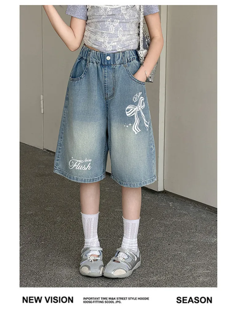 2026 Sommer Kinderkleidung: Jeans-Shorts für Teenager-Mädchen mit Schleifenmuster, elastischem Bund, weitem Bein und mittellanger Länge – Lässige, süße Shorts für Kinder – Detail 3
