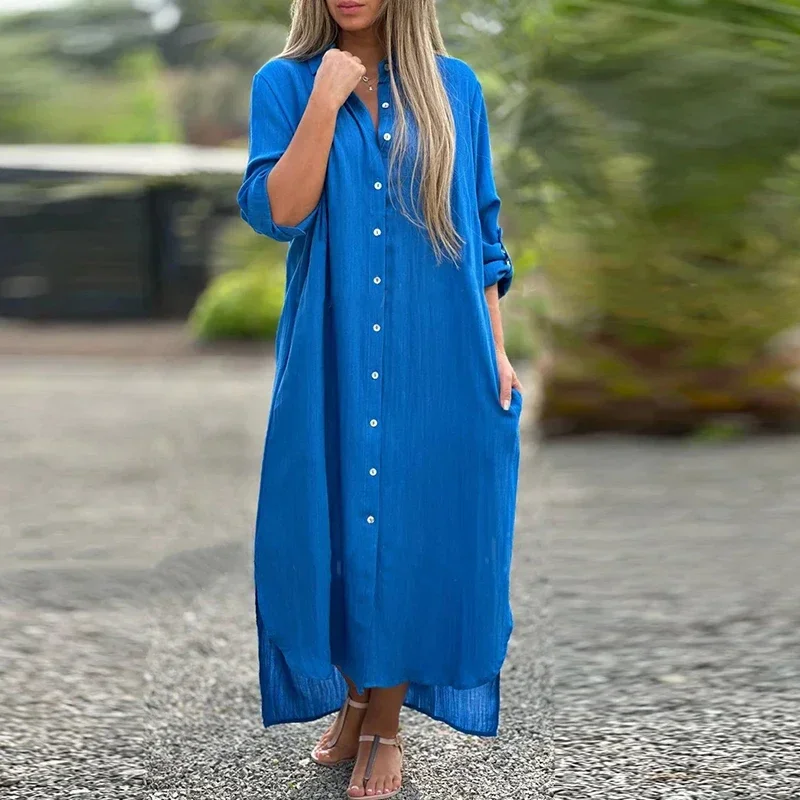 2024 Long Sleeve Maxi Dresses Women Turn Down Collar Casual Cotton Linen Button Shirt Dress Holiday Long Dresses Robe