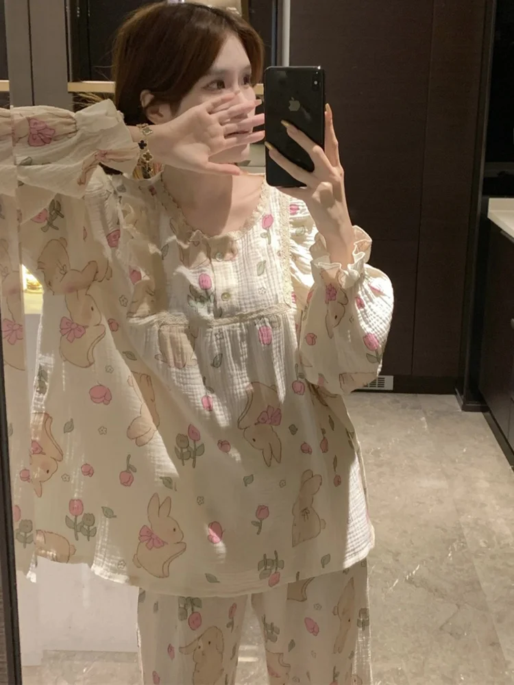 

Korean Style Sweet Lace Trim Sleepwear Women's Long Sleeve Long Pants Home Clothes Two-Piece Set Rabbit Pattern Comfortable S...