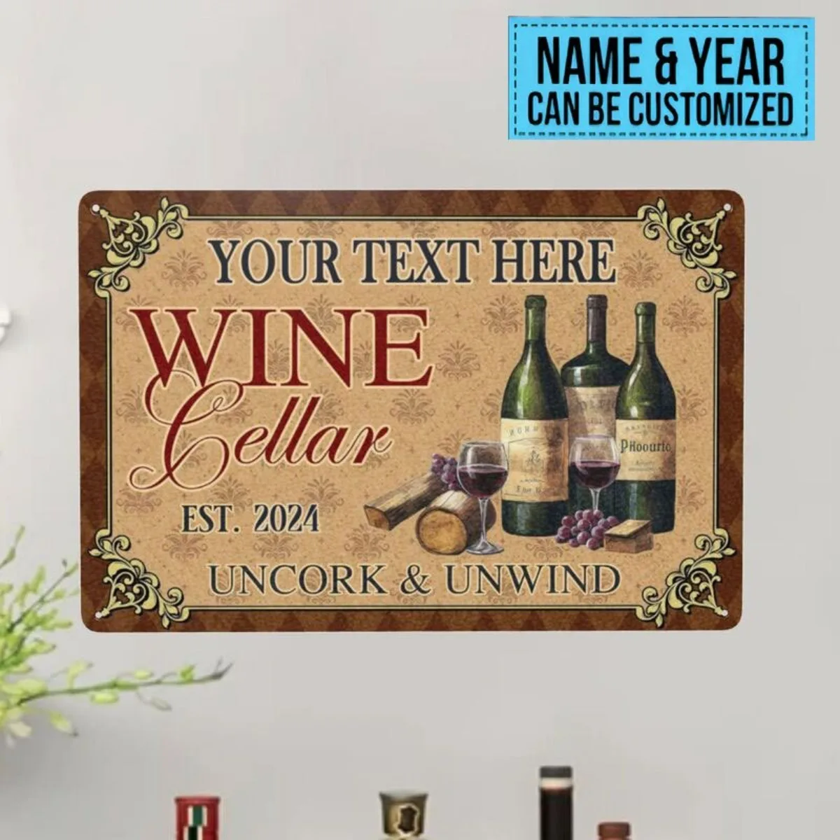 CIFbuy Anpassbares Vintage-Weinkeller-Aluminiumschild, Personalisierter Text für Hausbar-Wanddekoration