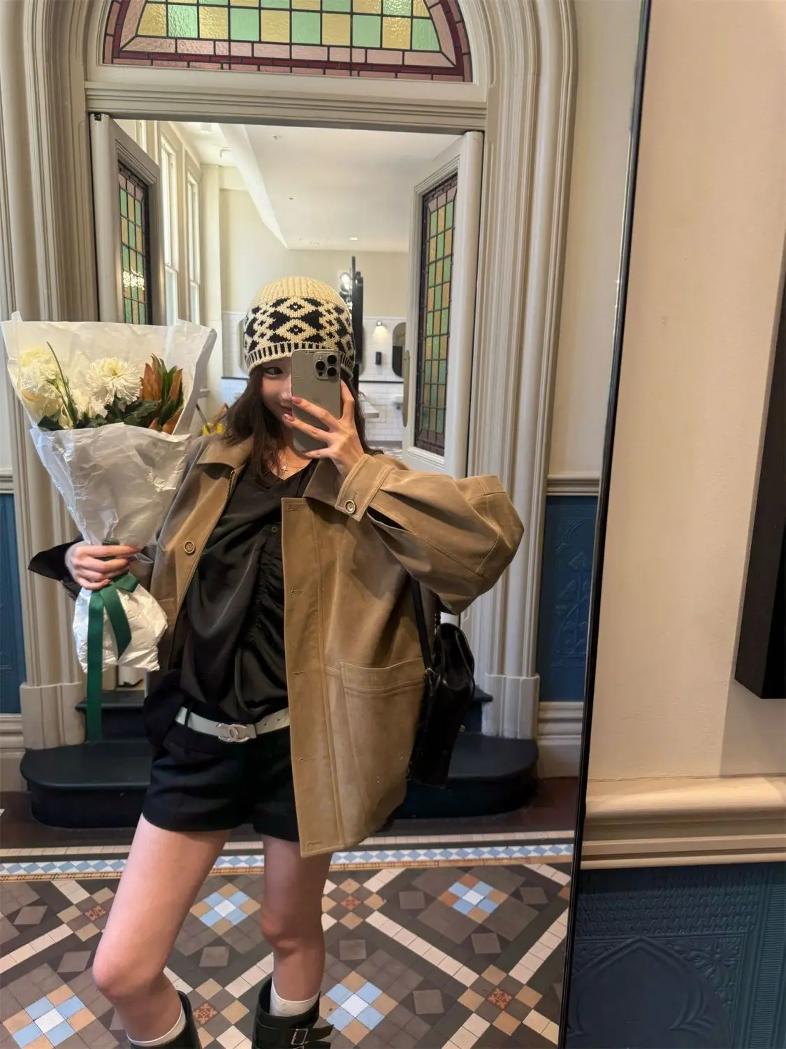 F/W Women's Suede Utility Jacket Cropped Length Trendy Oversized Pocket Casual Streetwear Convertible Collar Two-Way Styling